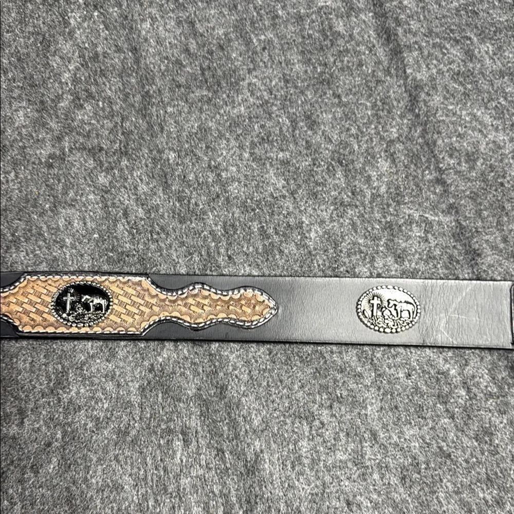 Black and Tan Woven Leather Belt with Silver Buckle